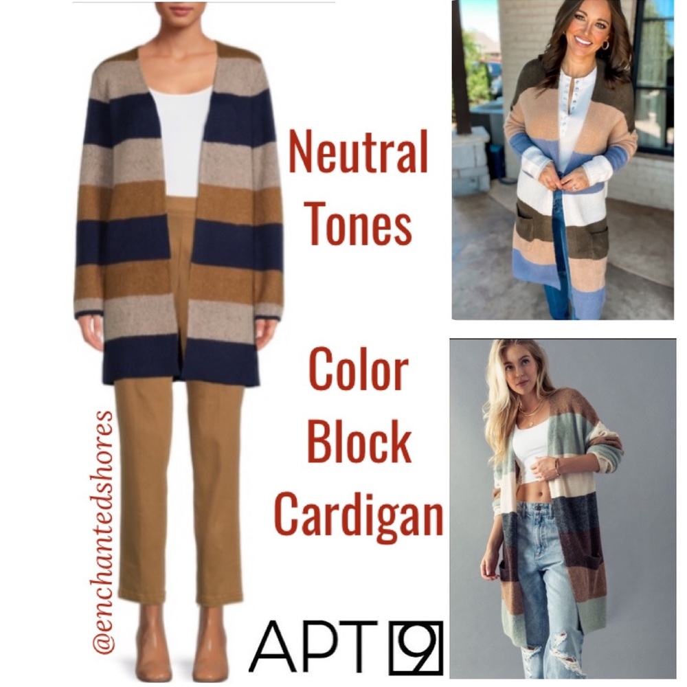 Oversized Cardigan Sweater Open Front Duster Neutral Stripes Pockets Size Large